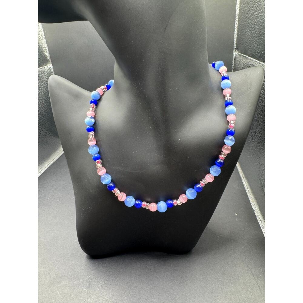 Vtg Blue Pink Round & Faceted Glass Beaded Necklace Sterling Silver 925 Clasp
